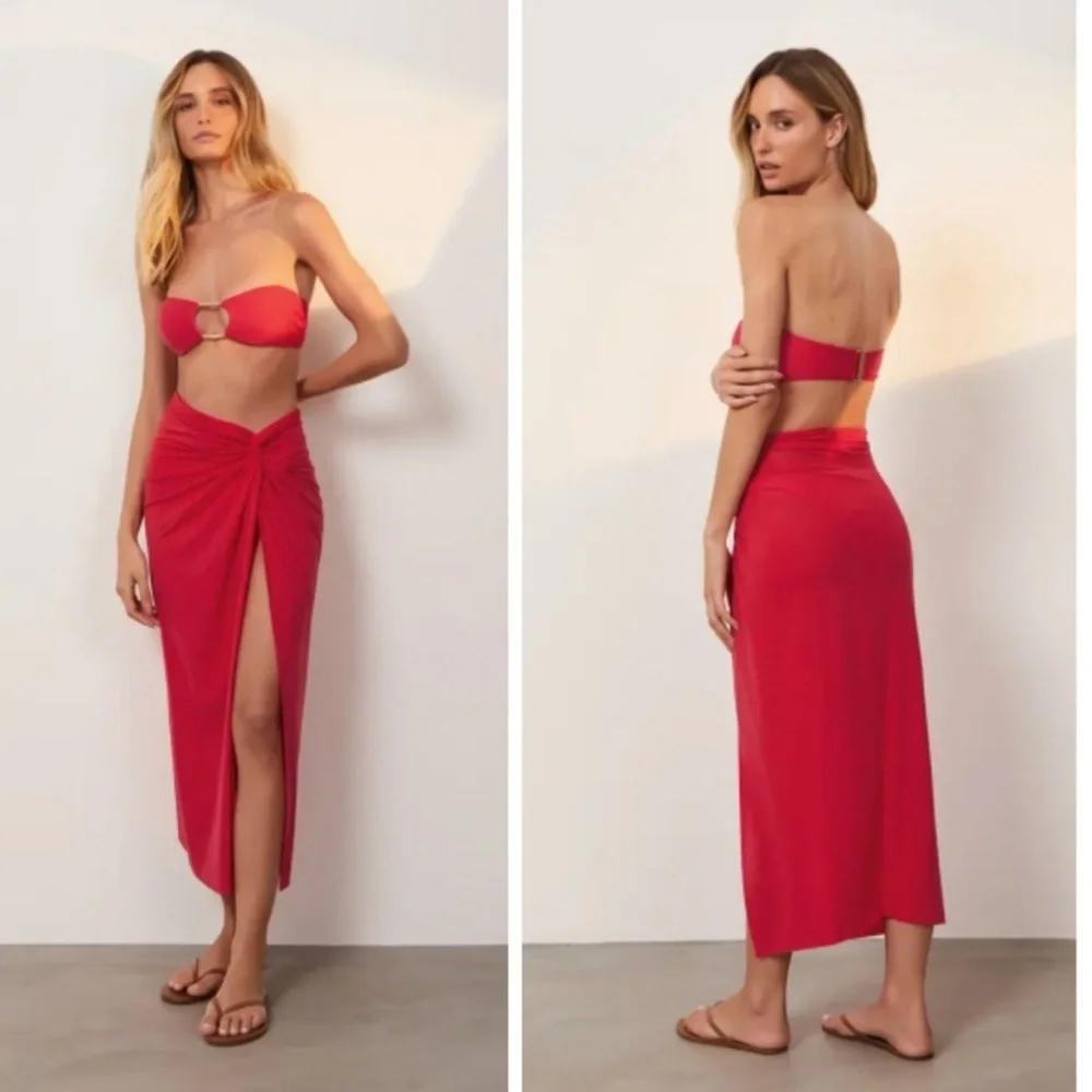 New ViX Karen Twist Pull-On Solid Red Midi Swim Beach Pareo Cover-Up Skirt Med